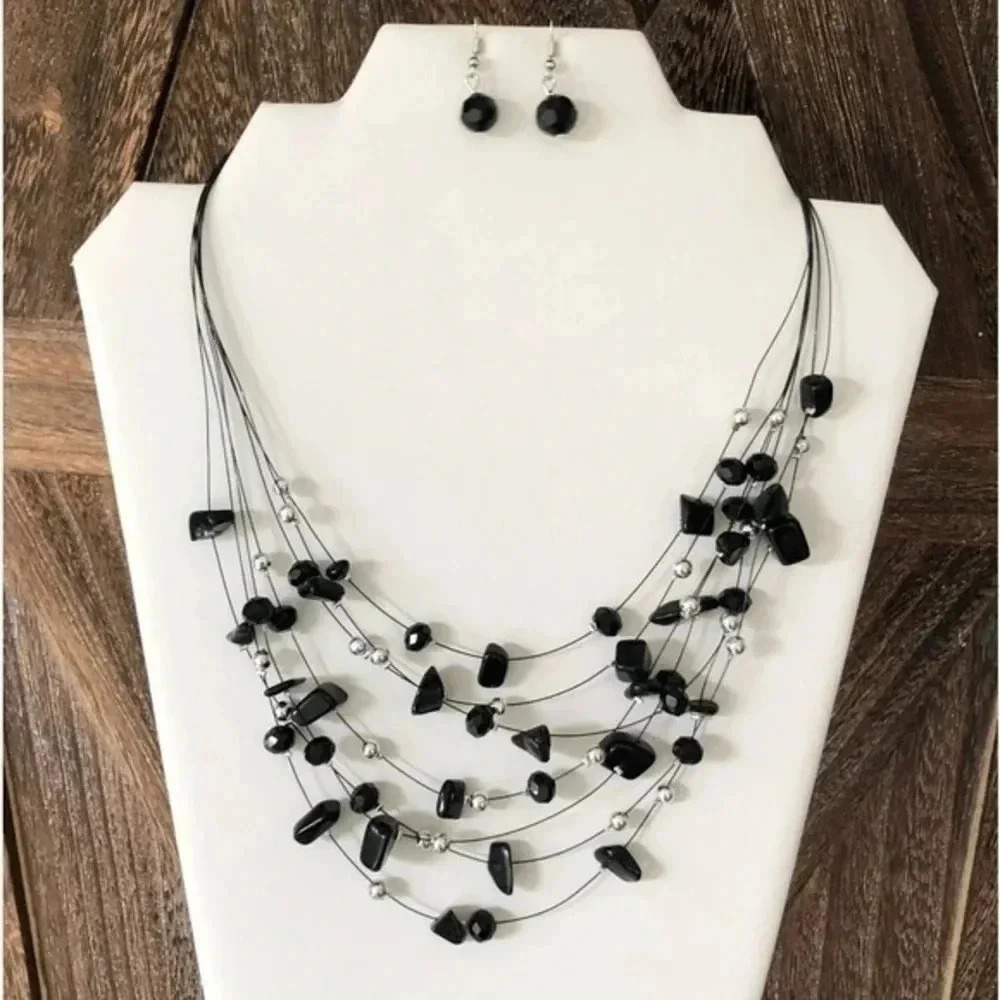 Black Onyx & Black Crystal Floating Beads Handmade Necklace & Earrings Set NWT